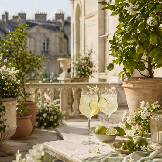 Two tall glasses of a pale green cocktail with lime slices, set on a stone terrace with potted citrus trees, white flowers, and a classical building in the background.
