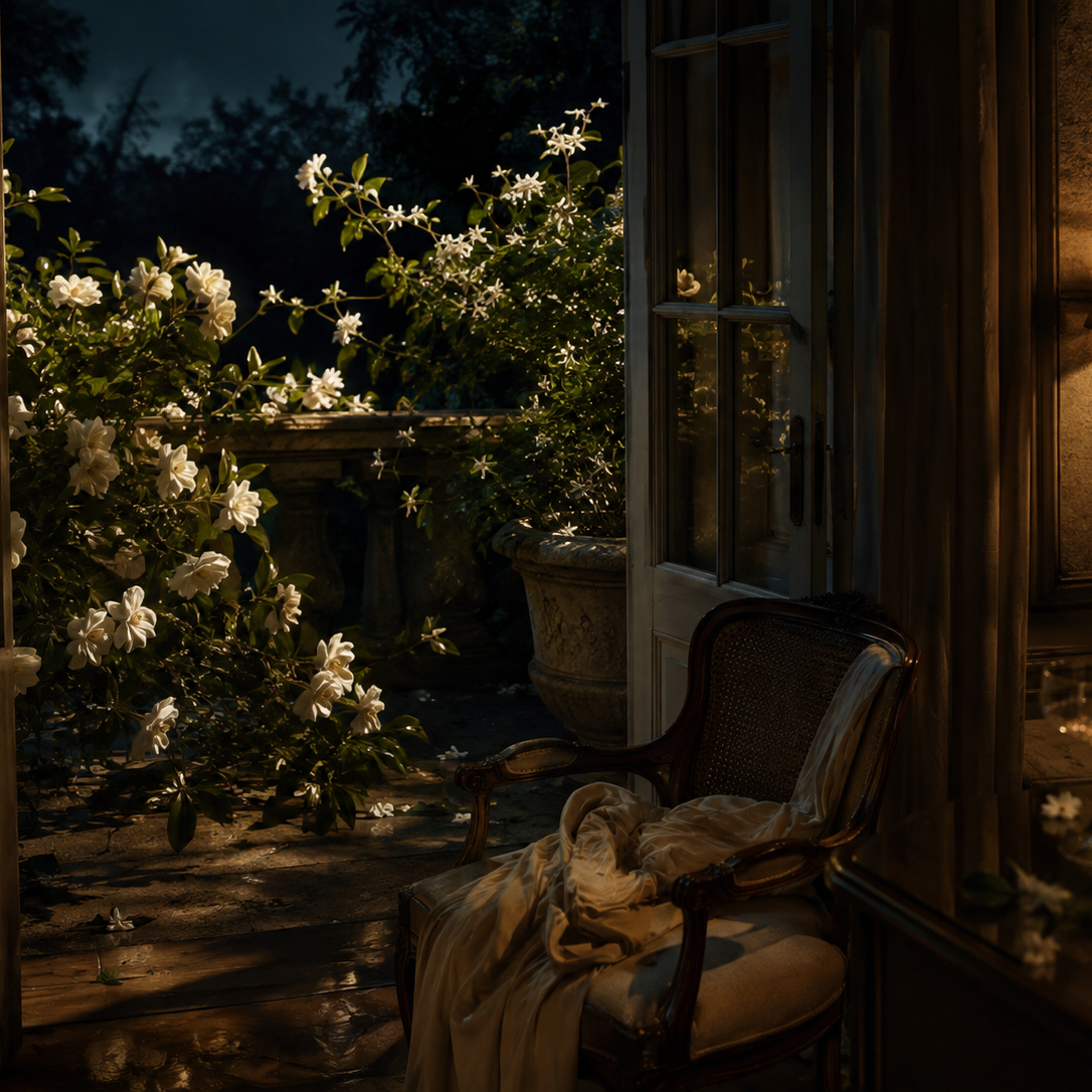 A moody interior scene with a dark wooden armchair draped in cream fabric, set beside open French doors and a garden patio at night. White flowering bushes fill the outdoor area, and a warm lamp glows on the right.