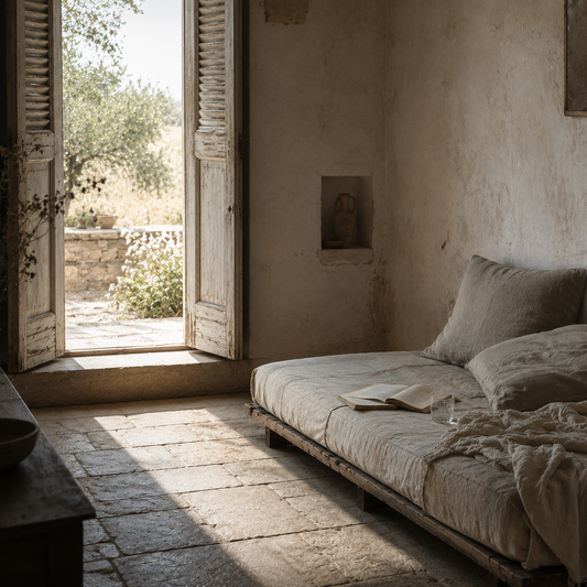A rustic bed with beige linen and pillows in a sunlit room with textured plaster walls, an open shuttered window, and a stone floor.
