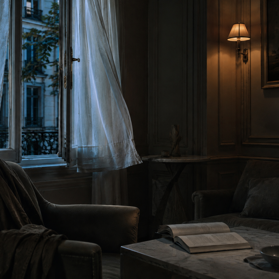 A moody, dimly lit interior room with a window draped in sheer white curtains, a dark upholstered armchair with a throw blanket, a marble coffee table with an open book, and a wall-mounted lamp casting warm light.